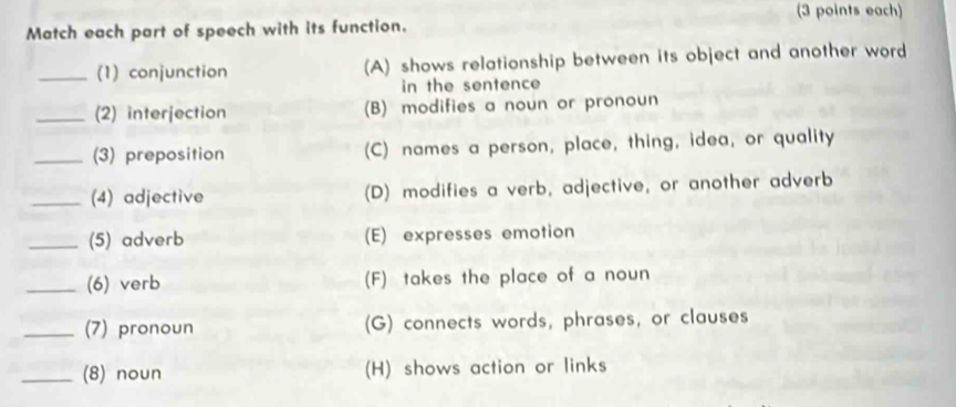 (3 points each)
Match each part of speech with its function.
_(1) conjunction (A) shows relationship between its object and another word
in the sentence
_(2) interjection (B) modifies a noun or pronoun
_(3) preposition (C) names a person, place, thing, idea, or quality
_(4) adjective (D) modifies a verb, adjective, or another adverb
_(5) adverb (E) expresses emotion
_(6) verb (F) takes the place of a noun
_(7) pronoun (G) connects words, phrases, or clauses
_(8) noun (H) shows action or links