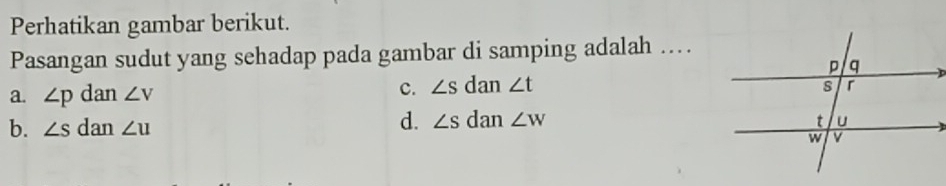 Perhatikan gambar berikut.
Pasangan sudut yang sehadap pada gambar di samping adalah ...
a. ∠ p dan ∠ v
c. ∠ s dan ∠ t
d. ∠ s
b. ∠ s dan ∠ u dan ∠ W