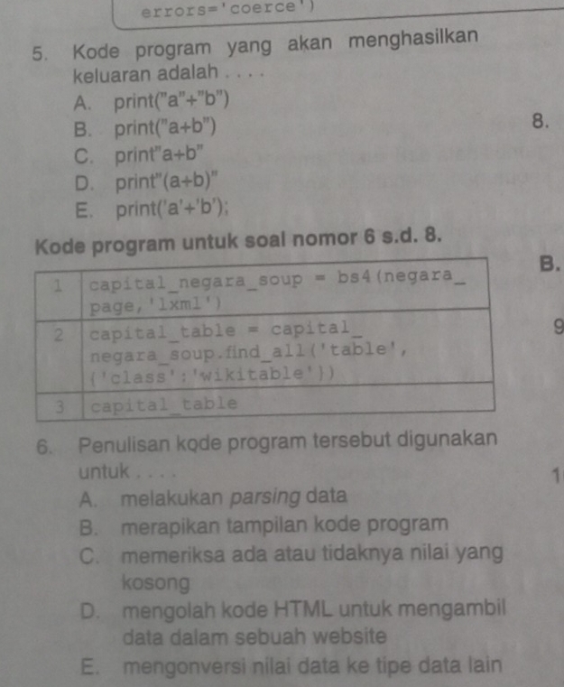 errors='coerce')
5. Kode program yang akan menghasilkan
keluaran adalah . . . .
A. print( a''+'' 'b'')
B. print(" a+b'')
8.
C. print' a+b''
D. print" (a+b)^n
E. print(' a'+'b')
Kode program untuk soal nomor 6 s.d. 8.
.
9
6. Penulisan kode program tersebut digunakan
untuk . . . .
1
A. melakukan parsing data
B. merapikan tampilan kode program
C. memeriksa ada atau tidaknya nilai yang
kosong
D. mengolah kode HTML untuk mengambil
data dalam sebuah website
E. mengonversi nilai data ke tipe data lain