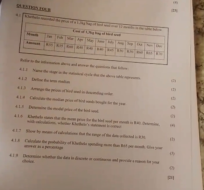 (4) 
QUESTION FOUR 
[23| 
wer the questions that follow: 
4.1.1 Name the stage in the statistical cycle that the above table represents. 
4.1.2 Define the term median 
(2) 
(2) 
4.1.3 Arrange the prices of bird seed in descending order. 
(2) 
4.1.4 Calculate the median price of bird seeds bought for the year. 
(2) 
4.1.5 Determine the modal price of the bird seed. 
(2) 
4.1.6 Khethelo states that the mean price for the bird seed per month is R40. Determine, (4) 
with calculations. whether Khethelo’s statement is correct 
4.1.7 Show by means of calculations that the range of the data collected is R30. 
(2) 
4.1.8 Calculate the probability of Khethelo spending more than R65 per month. Give your 
answer as a percentage (3) 
4.1.9 Determine whether the data is discrete or continuous and provide a reason for your 
choice. 
(2) 
[21]