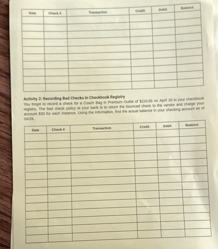 You forget to record a check for a Coach Bag in Premium Outlet of $110.00 on 
registry. The bad check policy at your bank is to return the bounced check to the vendor and charge your 
account $30 for each instance. Using the information, find the actual balance in your checking account as of