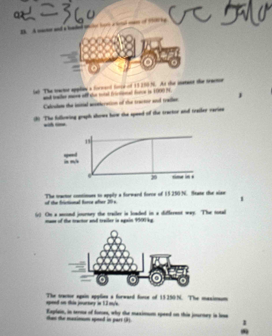 A masion and a le 
643 The tractor applee a forword force of 13 250 N. At the iatant the tractioe 
and trailer more off she total frictional force is 1000 N. 
Caloulsw the initial aostioration of the tractor and trailer. 
(3) 'The following graph shows how the speed of the tractor and trailer varies 
with time. 
The mactor continues to apply a forward force of 15 230 N. Stase the size 
of the frictional force after 20s. 
(r) On a seond journey the trailer is loaded in a different way. The total 
mass of the tractor and trailer is again 9500 kg. 
The tactor again applies a forward force of 15 250 N. The maximsum 
speed on this journey is 12 m/s. 
Explain, in terms of fores, why the maximum speed on this journey is losa 
than the maxinum speed in part (3).