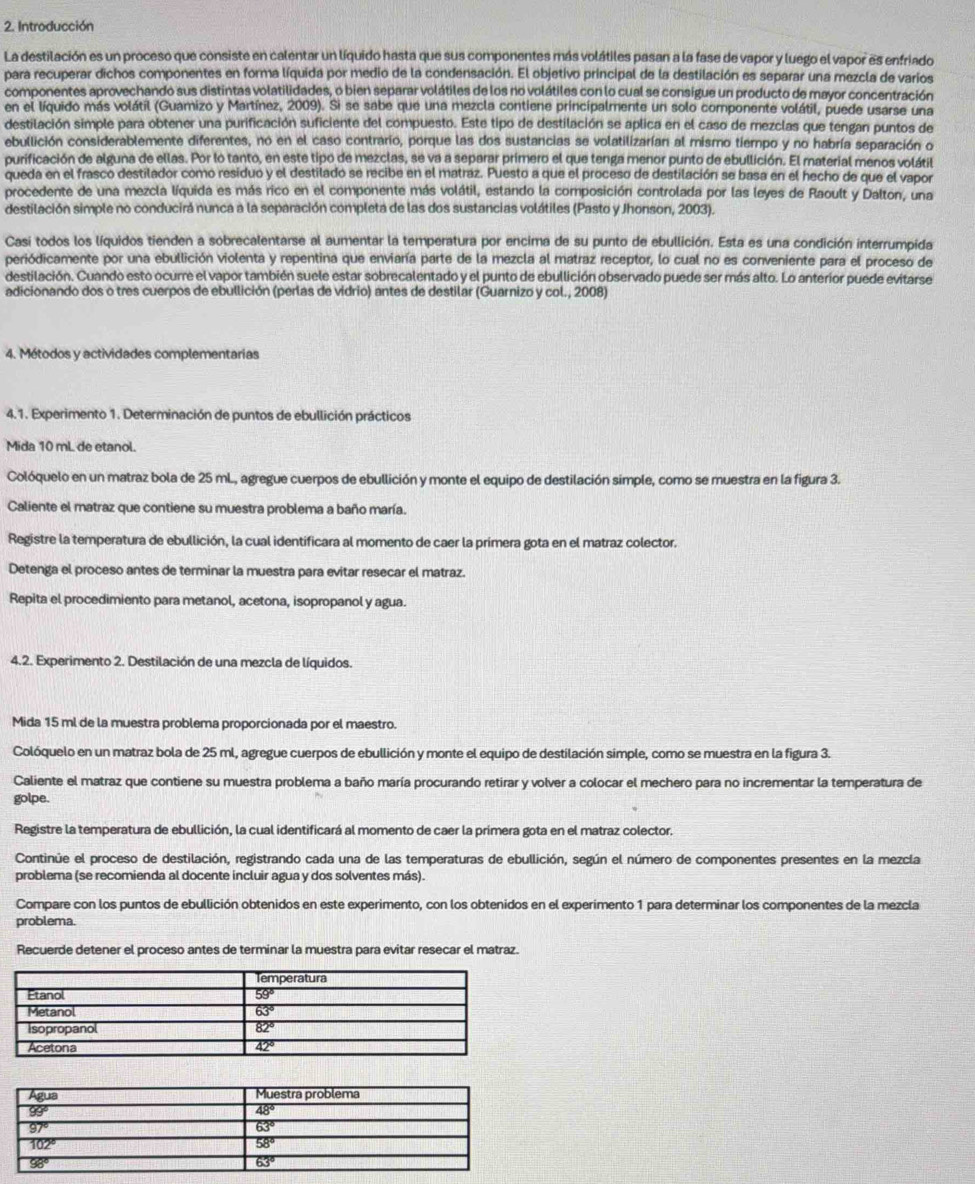 Introducción
La destilación es un proceso que consiste en calentar un líquido hasta que sus componentes más volátiles pasan a la fase de vapor y luego el vapor es enfriado
para recuperar dichos componentes en forma líquida por medio de la condensación. El objetivo principal de la destilación es separar una mezcla de varios
componentes aprovechando sus distintas volatilidades, o bien separar volátiles de los no volátiles con lo cual se consigue un producto de mayor concentración
en el líquido más volátil (Guamizo y Martínez, 2009). Si se sabe que una mezcla contiene principalmente un solo componente volátil, puede usarse una
destilación simple para obtener una purificación suficiente del compuesto. Este tipo de destilación se aplica en el caso de mezclas que tengan puntos de
ebullición considerablemente diferentes, no en el caso contrario, porque las dos sustancias se volatilizarían al mismo tiempo y no habría separación o
purificación de alguna de ellas. Por lo tanto, en este tipo de mezclas, se va a separar primero el que tenga menor punto de ebullición. El material menos volátil
queda en el frasco destilador como residuo y el destilado se recibe en el matraz. Puesto a que el proceso de destilación se basa en el hecho de que el vapor
procedente de una mezcla líquida es más rico en el componente más volátil, estando la composición controlada por las leyes de Raoult y Dalton, una
destilación simple no conducirá nunca a la separación completa de las dos sustancias volátiles (Pasto y Jhonson, 2003).
Casi todos los líquidos tienden a sobrecalentarse al aumentar la temperatura por encima de su punto de ebullición. Esta es una condición interrumpida
periódicamente por una ebullición violenta y repentina que enviaría parte de la mezcla al matraz receptor, lo cual no es conveniente para el proceso de
destilación. Cuando esto ocurre el vapor también suele estar sobrecalentado y el punto de ebullición observado puede ser más alto. Lo anterior puede evitarse
adicionando dos o tres cuerpos de ebullición (perlas de vidrio) antes de destilar (Guarnizo y col., 2008)
4. Métodos y actividades complementarias
4.1. Experimento 1. Determinación de puntos de ebullición prácticos
Mida 10 mL de etanol.
Colóquelo en un matraz bola de 25 mL, agregue cuerpos de ebullición y monte el equipo de destilación simple, como se muestra en la figura 3.
Caliente el matraz que contiene su muestra problema a baño maría.
Registre la temperatura de ebullición, la cual identificara al momento de caer la primera gota en el matraz colector.
Detenga el proceso antes de terminar la muestra para evitar resecar el matraz.
Repita el procedimiento para metanol, acetona, isopropanol y agua.
4.2. Experimento 2. Destilación de una mezcla de líquidos.
Mida 15 ml de la muestra problema proporcionada por el maestro.
Colóquelo en un matraz bola de 25 ml, agregue cuerpos de ebullición y monte el equipo de destilación simple, como se muestra en la figura 3.
Caliente el matraz que contiene su muestra problema a baño maría procurando retirar y volver a colocar el mechero para no incrementar la temperatura de
golpe.
Registre la temperatura de ebullición, la cual identificará al momento de caer la primera gota en el matraz colector.
Continúe el proceso de destilación, registrando cada una de las temperaturas de ebullición, según el número de componentes presentes en la mezcla
problema (se recomienda al docente incluir agua y dos solventes más).
Compare con los puntos de ebullición obtenidos en este experimento, con los obtenidos en el experimento 1 para determinar los componentes de la mezcla
problema
Recuerde detener el proceso antes de terminar la muestra para evitar resecar el matraz.