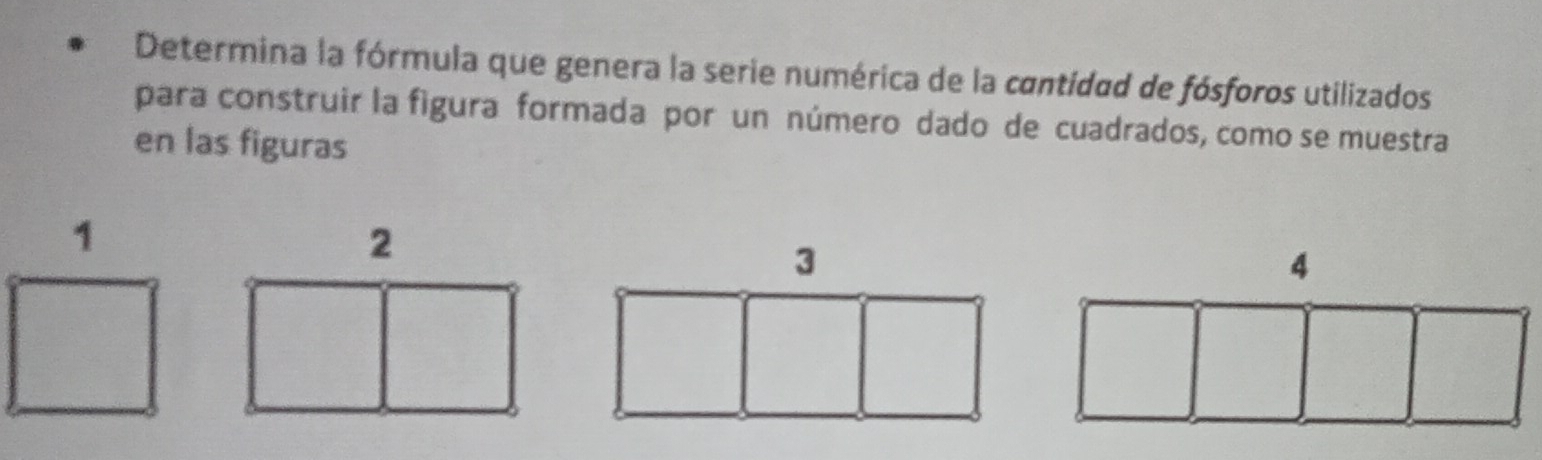 Determina la fórmula que genera la serie numérica de la cantidad de fósforos utilizados
para construir la figura formada por un número dado de cuadrados, como se muestra
en las figuras
1
2
3
4