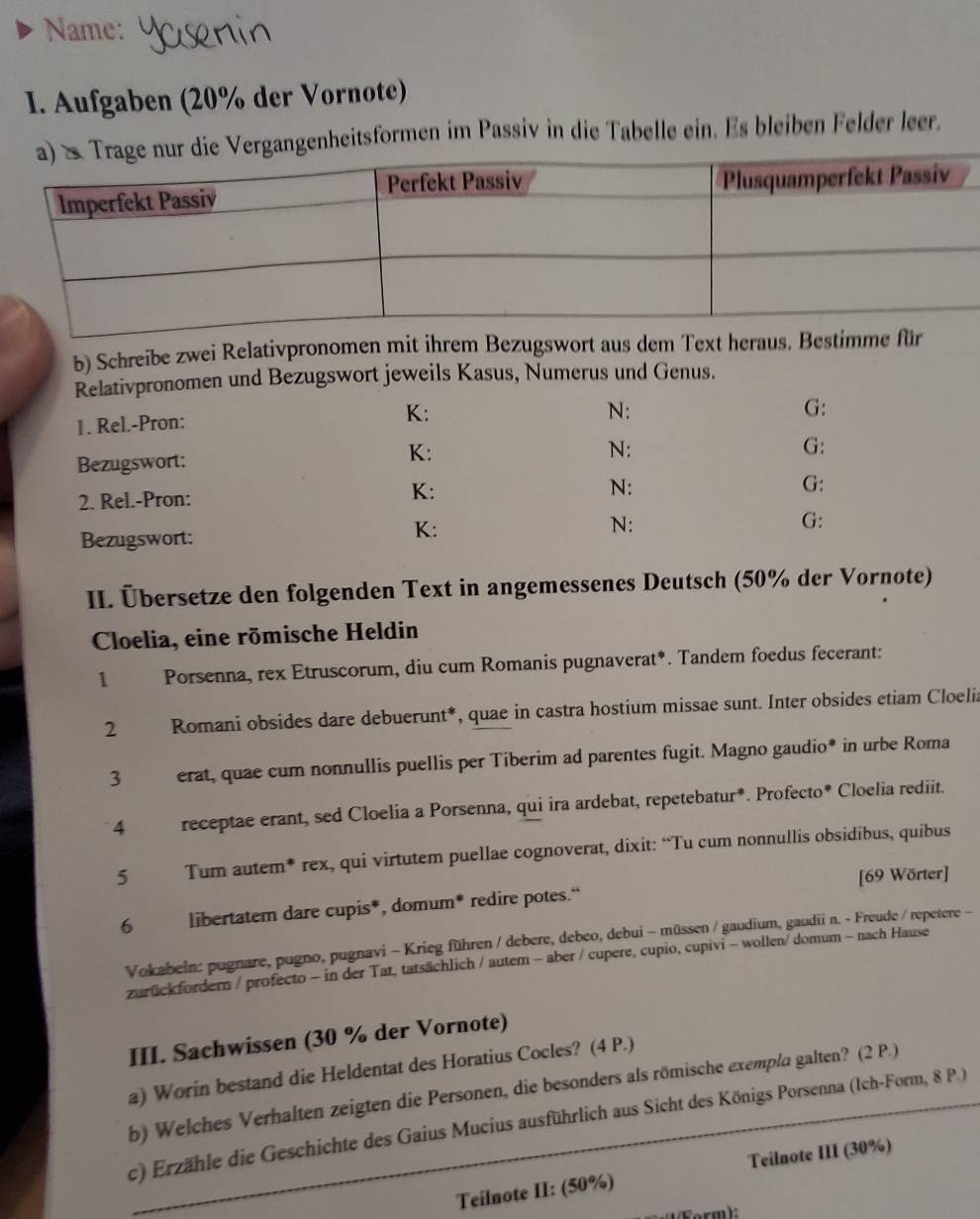 Gelöst:Name: I. Aufgaben (20% der Vornote) ergangenheitsformen im ...