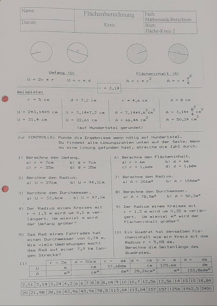 Umfang (U) Flächeninhalt (A)
U=2π +r U=π *d
A=π *r^2 A=π *frac d4^(2
π =3,14
Beispiele:
r=5cm d=7,2cm r=4,6cm d=8cm
U=2*3,14*5cm U=3,14+7,2cm A=3,14*4,6^2)cm^2 A=3,14*frac 84^(2cm^2)
U=31,4cm U=22,61cm A=66,44cm^2 A=50,24cm^2
(auf Hundertstel gerundet)
Zur KONTROLLE: Runde die Ergebnisse wenn nötig auf Hundertstel.
Du findest alle Lösungszahlen unten auf der Seite. Wenn
du eine Lösung gefunden hast, streiche die Zahl durch.
1 Berechne den Umfang. 6) Berechne den Flächeninhalt.
a) r=7cm b  d=7cm a) r=6m b d=6m
c) r=25m d) d=25m c) r=1 ,6dm d d=1 ,6dm
2) Berchne den Radius. 7) Berechne den Radius.
a) U=27cm b) U=94,2cm a) A=201m^2 b A=154dm^2
3) Berchne den Durchmesser. 8) Berechne den Durchmesser.
a) U=33,6cm b ) U=47,1m a) A=78,5m^2 b ) A=50,3m^2
4) Der Radius eines Kreises mit 9) Der Radius eines Kreises mit
r=1,3m wird um 0,5 m ver- r=1,3 m wird um 0,35m ver1an-
längert. Um wieviel m wird gert. Um wieviel m^2 wird der
der Umfang größer? Flächeninhalt größer?
5) Das Rad eines Fahrrades hat 10) Ein Quadrat hat denselben Flä-
einen Durchmesser von 0,74 m. cheninhalt wie ein Kreis mit dem
Wie viele Umdrehungen macht Radius r=5,08 dm .
das Rad auf einer 7,9 km 1an- Berechne die Seitenlänge des
Strecke? Quadrates.
2,0 1 3,14 3,24 4,3 6 6 7 8 8 8,04 9 10 10,7 12,56 12,56 14 15 15 18,84
20 21 ,98 28,26 43,96 43,9 6 78,5 113,0 113,04 157 157 1256 196 2,5. 340 a