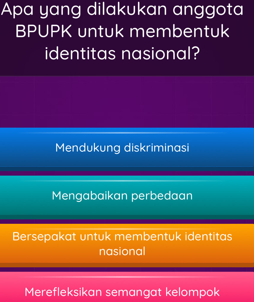 Apa yang dilakukan anggota
BPUPK untuk membentuk
identitas nasional?
Mendukung diskriminasi
Mengabaikan perbedaan
Bersepakat untuk membentuk identitas
nasional
Merefleksikan semangat kelompok