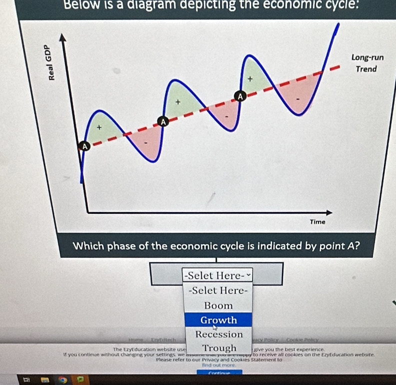 Below is a diagram depicting the economic cycle:
Which phase of the economic cycle is indicated by point A?
-Selet Here-
-Selet Here-
Boom
Growth
Homs EryEdtech Recession
vacy Policy Cookie Policy
The EzvEducation website use Trough give you the best experience.
If you continue without changing your settings, we assome mac you are no to receive all cookies on the EzyEducation website.
Please refer to our Privacy and Cookies Statement to
find out more.
Cantione