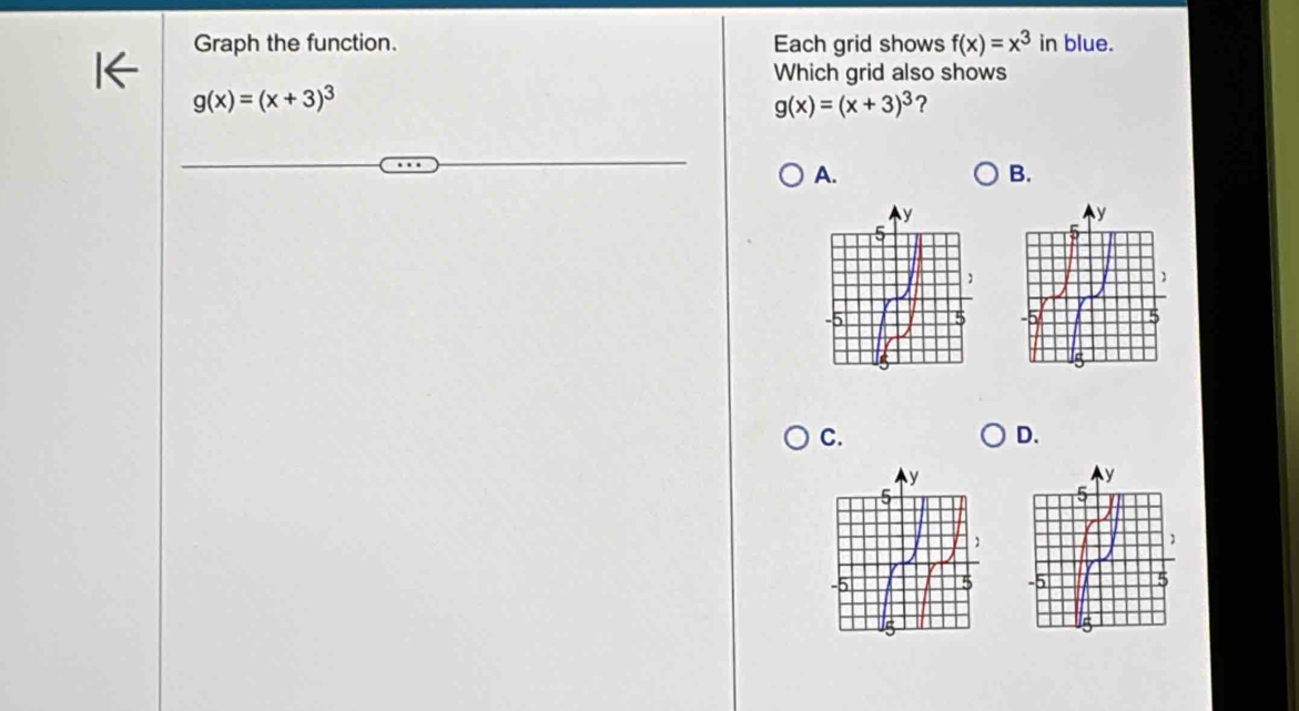 Graph the function. Each grid shows f(x)=x^3 in blue.
Which grid also shows
g(x)=(x+3)^3
g(x)=(x+3)^3 ?
A.
B.

C.
D.