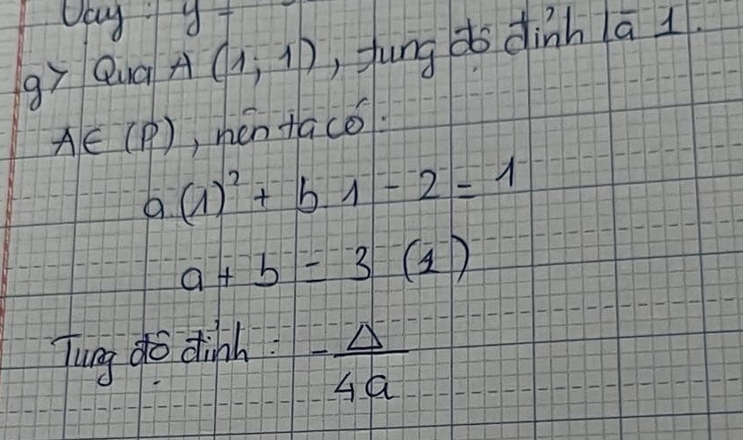 Day y- 
gy Qua A(1,1) , fung do dinh lā 1
A∈ (P) ,men tace
a(1)^2+b.1-2=1
a+b=3(1)
Tung do dinh.
- Delta /4a 