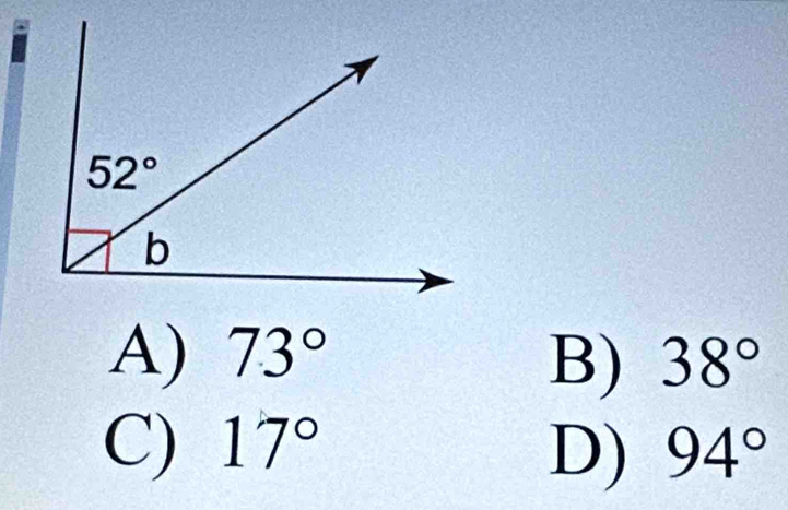 A) 73° 38°
B)
C) 17° 94°
D)