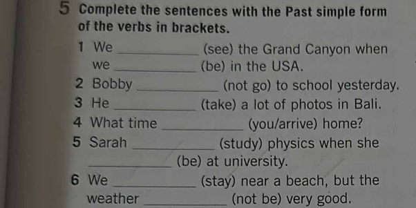 Complete the sentences with the Past simple form 
of the verbs in brackets. 
1 We _(see) the Grand Canyon when 
we _(be) in the USA. 
2 Bobby _(not go) to school yesterday. 
3 He _(take) a lot of photos in Bali. 
4 What time _you/arrive) home? 
5 Sarah _(study) physics when she 
_(be) at university. 
6 We _(stay) near a beach, but the 
weather _(not be) very good.