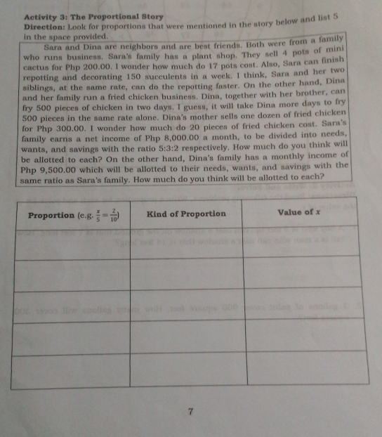 Activity 3: The Proportional Story
Direction: Look for proportions that were mentioned in the story below and list 5
in the space provided.
Sara and Dina are neighbors and are best friends. Both were from a family
who runs business. Sara's family has a plant shop. They sell 4 pots of mini
cactus for Php 200.00. I wonder how much do 17 pots cost. Also, Sara can finish
repotting and decorating 150 succulents in a week. I think, Sara and her two
siblings, at the same rate, can do the repotting faster. On the other hand, Dina
and her family run a fried chicken business. Dina, together with her brother, can
fry 500 pieces of chicken in two days. I guess, it will take Dina more days to fry
500 pieces in the same rate alone. Dina's mother sells one dozen of fried chicken
for Php 300.00. I wonder how much do 20 pieces of fried chicken cost. Sara's
family earns a net income of Php 8,000.00 a month, to be divided into needs,
wants, and savings with the ratio 5:3:2 respectively. How much do you think will
be allotted to each? On the other hand, Dina's family has a monthly income of
Php 9,500.00 which will be allotted to their needs, wants, and savings with the
same ratio as Sara's family. How much do you think will be allotted to each?
7