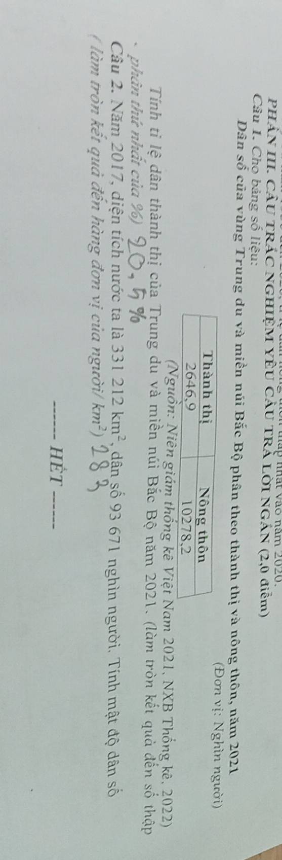 màp mất vào năm 2020. 
PHẢN III. CÂU TRÁC NGHIỆM YÊU CÂU TRẢ LỜI NGẢN (2,0 điểm) 
Câu 1. Cho bảng số liệu: 
Dân số của vùng Trung du và miền núi Bắc Bộ phân theo thành thị và nông thôn, năm 2021 
(Đơn vị: Nghìn người) 
(Nguồn: Niên giám thống kê Việt Nam 2021, NXB Thống kê, 2022) 
Tính tỉ lệ dân thành thị của Trung du và miền núi Bắc Bộ năm 2021. (làm tròn kết quả đến số thập 
* phân thứ nhất của %) 
Câu 2. Năm 2017, diện tích nước ta là 331212km^2 , dân số 93 671 nghìn người. Tính mật độ dân số 
( là m tròn kết quả đến hàng đơn vị của người/ km^2
_HÉt_