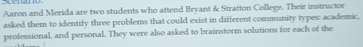 scenano. 
Aaron and Merida are two students who attend Bryant & Stratton College. Their instructor 
asked them to identify three problems that could exist in different community types: academic, 
professional, and personal. They were also asked to brainstorm solutions for each of the