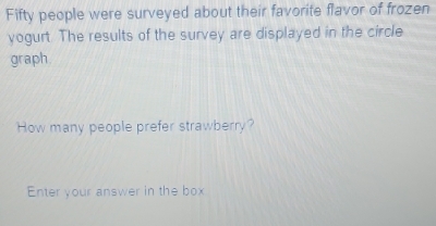 Fifty people were surveyed about their favorite flavor of frozen 
yogurt. The results of the survey are displayed in the circle 
graph. 
How many people prefer strawberry? 
Enter your answer in the box