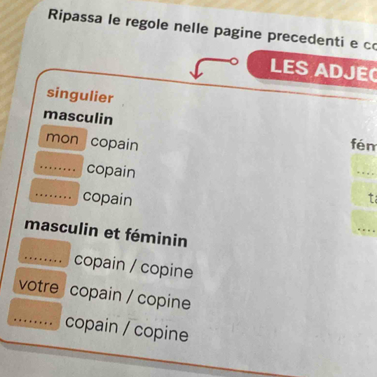 Ripassa le regole nelle pagine precedenti e co 
LES ADJE 
singulier 
masculin 
mon copain fén 
_copain 
_ 
_copain 
t 
masculin et féminin 
_ 
_copain / copine 
votre copain / copine 
_copain / copine