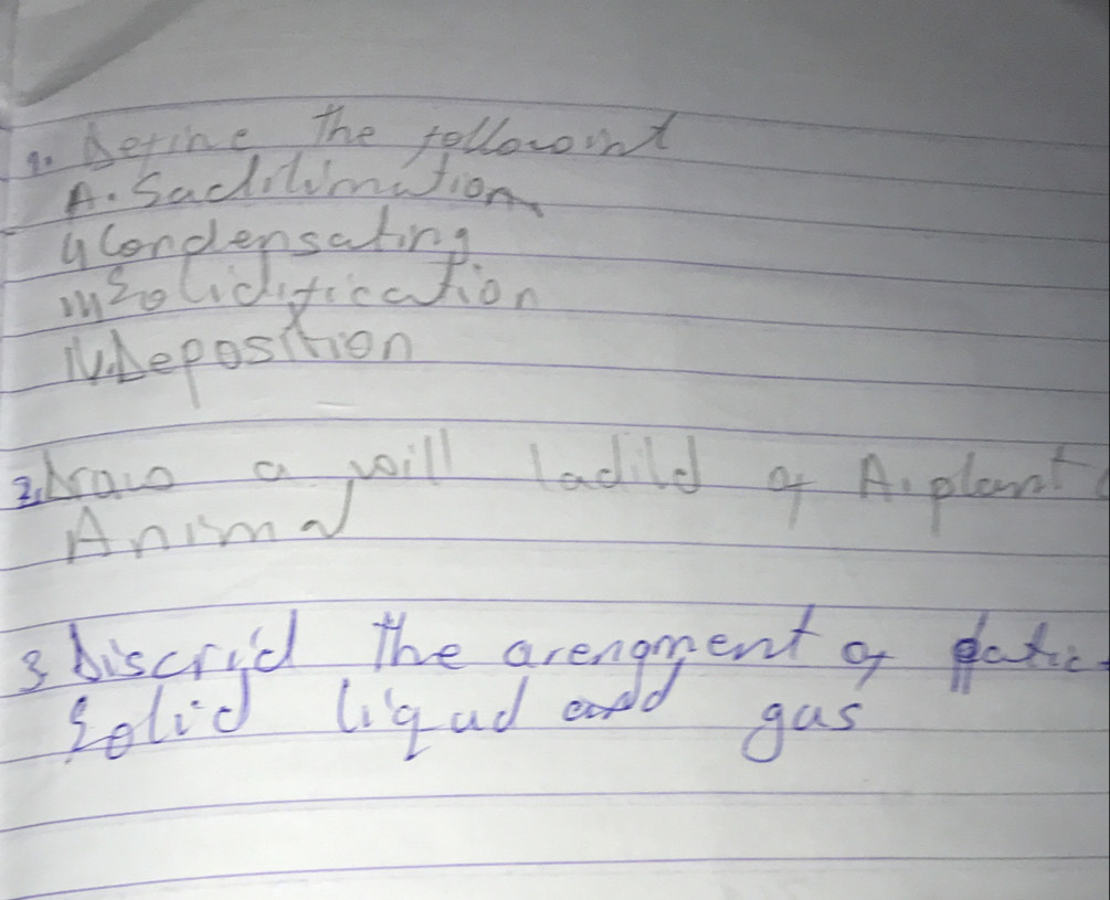 befine the follownt 
A. Sadditimition 
uCondensating 
mholidification 
uuhepostion 
ihraw a will ladld o A, plant 
Anim 
3 discrid the arengrgent af patc 
solid ligad ad gas