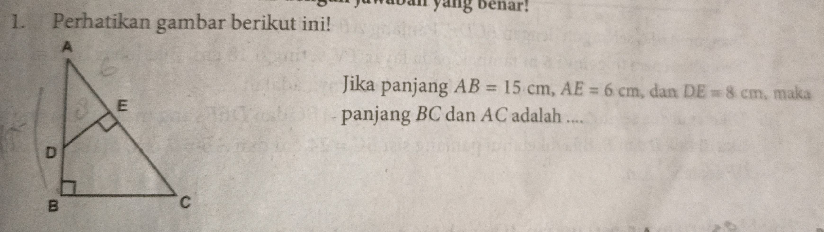 Dan yang benar! 
1. Perhatikan gambar berikut ini! 
Jika panjang AB=15cm, AE=6cm , dan DE=8cm , maka 
panjang BC dan AC adalah ....