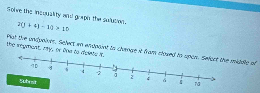 Solve the inequality and graph the solution.
2(j+4)-10≥ 10
the segment, ray, or line to delet 
Plot the endpoints. Select an endpoint to change it from clddle of