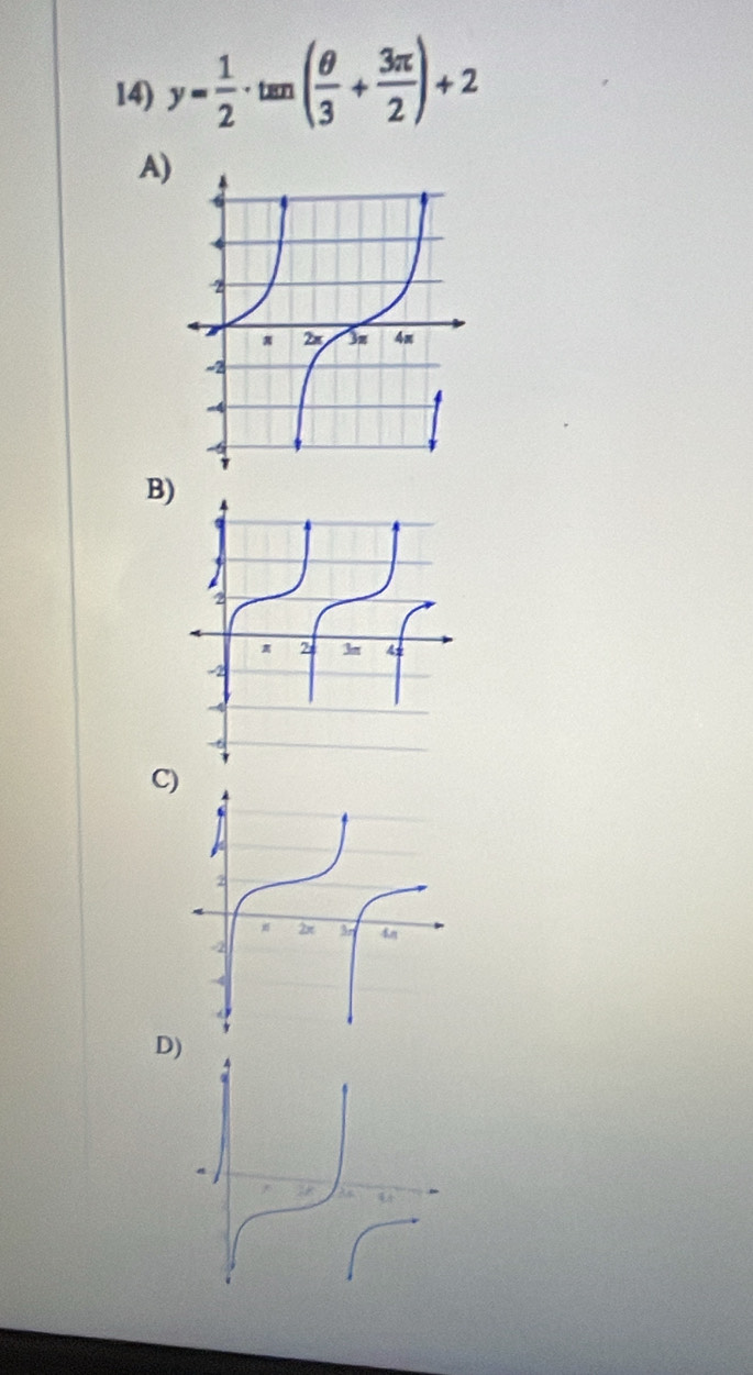 y= 1/2 · tan ( θ /3 + 3π /2 )+2
A) 
B) 
C) 
D)