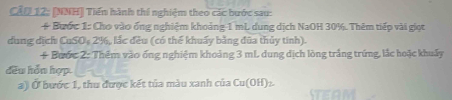 Cầu 12: [NNH] Tiến hành thí nghiệm theo các bước sau: 
+ Bước 1: Cho vào ống nghiệm khoảng 1 mL dung dịch NaOH 30%. Thêm tiếp vài giọt 
dung dịch CuSO: 2%, lắc đều (có thể khuẩy bằng đũa thủy tinh). 
+ Bước 2: Thêm vào ống nghiệm khoảng 3 mL dung dịch lòng trắng trúng, lắc hoặc khuẩy 
đều hỗn hợp. 
a) Ở bước 1, thu được kết tủa màu xanh của Cu(OH) ₂.