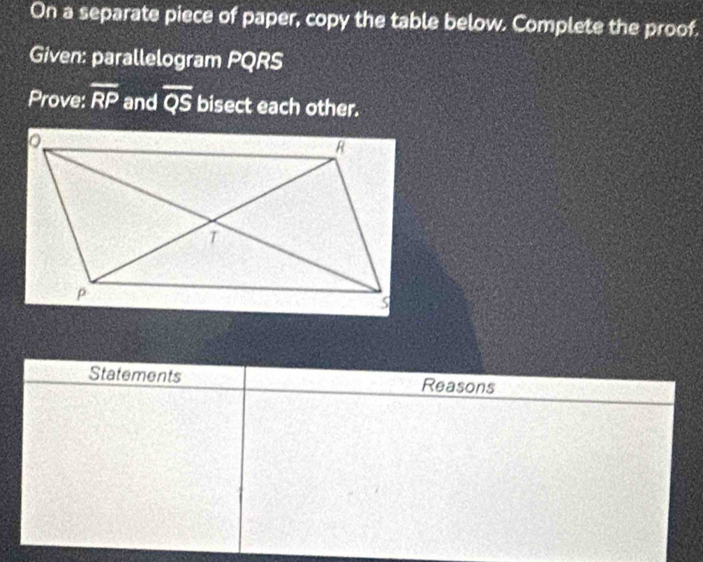 On a separate piece of paper, copy the table below. Complete the proof, 
Given: parallelogram PQRS
Prove: overline RP and overline QS bisect each other. 
Statements Reasons