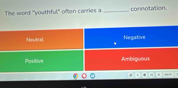The word "youthful" often carries a _connotation.
Neutral Negative
Positive Ambiguous
Us No 21