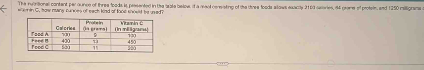 The nutritional content per ounce of three foods is presented in the table below. If a meal consisting of the three foods allows exactly 2100 calories, 64 grams of protein, and 1250 milligrams
vitamin C, how many ounces of each kind of food should be used?