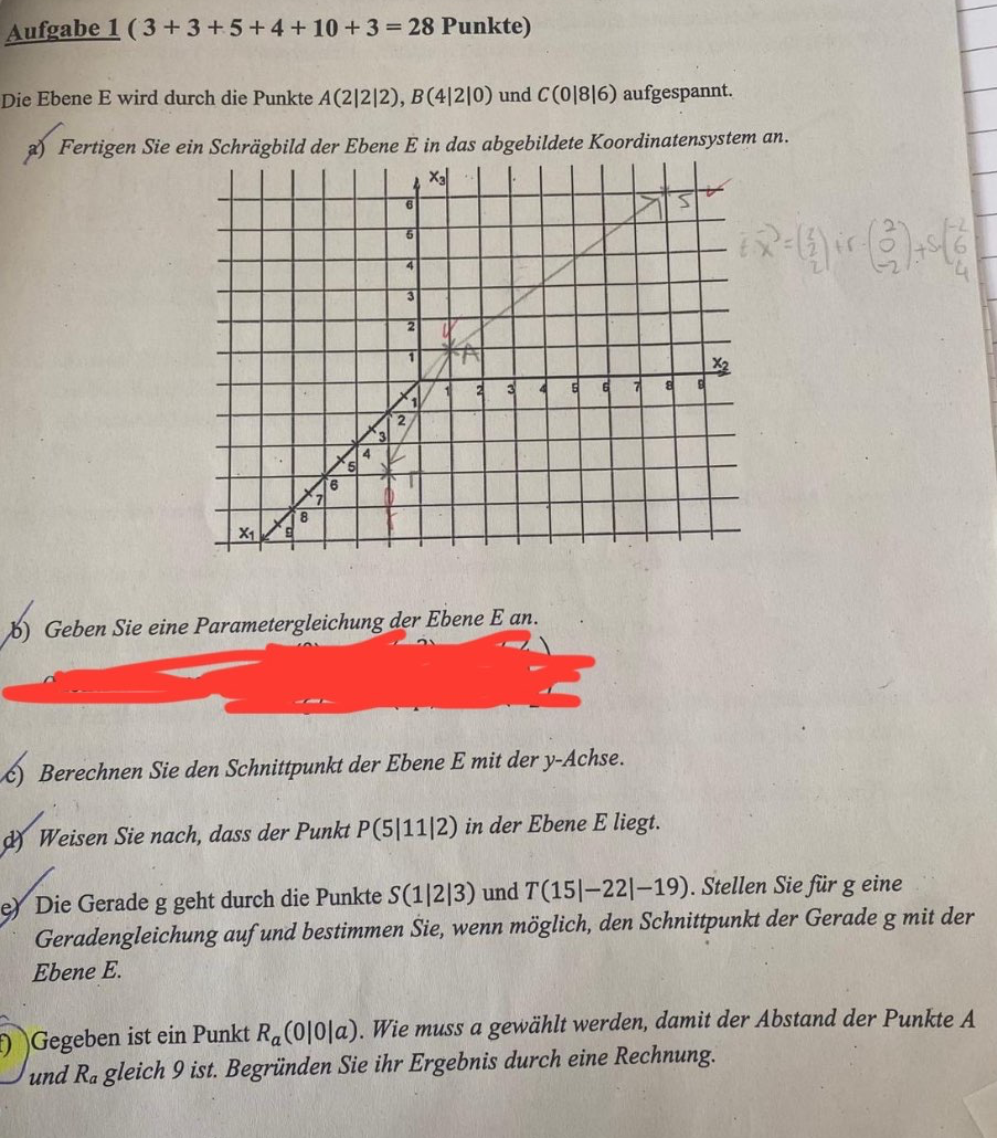 Aufgabe 1 (3+3+5+4+10+3=28 Punkte)
Die Ebene E wird durch die Punkte A(2|2|2),B(4|2|0) und C(0|8|6) aufgespannt.
) Fertigen Sie ein Schrägbild der Ebene E in das abgebildete Koordinatensystem an.
) Geben Sie eine Parametergleichung der Ebene E an.
) Berechnen Sie den Schnittpunkt der Ebene E mit der y-Achse.
Weisen Sie nach, dass der Punkt P(5|11|2) in der Ebene E liegt.
e) Die Gerade g geht durch die Punkte S(1|2|3) und T(15|-22|-19). Stellen Sie für g eine
Geradengleichung auf und bestimmen Šie, wenn möglich, den Schnittpunkt der Gerade g mit der
Ebene E.
) Gegeben ist ein Punkt R_a(0|0|a). Wie muss a gewählt werden, damit der Abstand der Punkte A
und R_a gleich 9 ist. Begründen Sie ihr Ergebnis durch eine Rechnung.