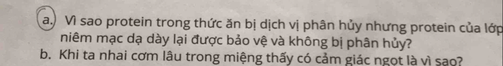 Vì sao protein trong thức ăn bị dịch vị phân hủy nhưng protein của lớp 
niêm mạc dạ dày lại được bảo vệ và không bị phân hủy? 
b. Khi ta nhai cơm lâu trong miệng thấy có cảm giác ngọt là vì sao?