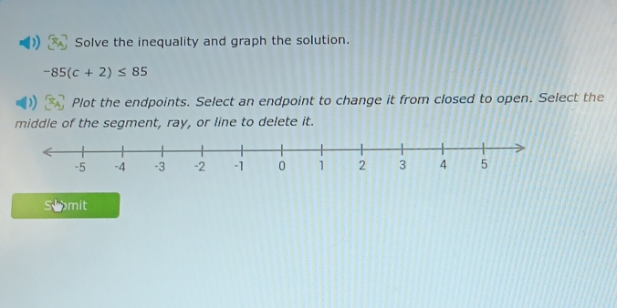 Solve the inequality and graph the solution.
-85(c+2)≤ 85
Plot the endpoints. Select an endpoint to change it from closed to open. Select the 
middle of the segment, ray, or line to delete it. 
Slomit