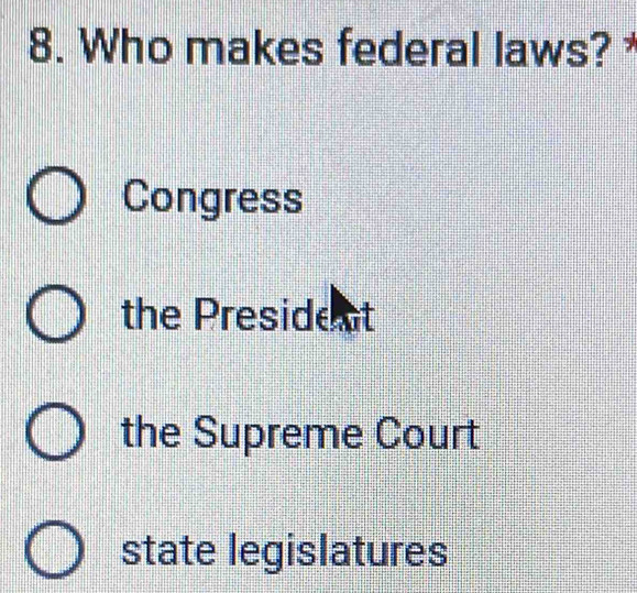 Who makes federal laws?
Congress
the President
the Supreme Court
state legislatures