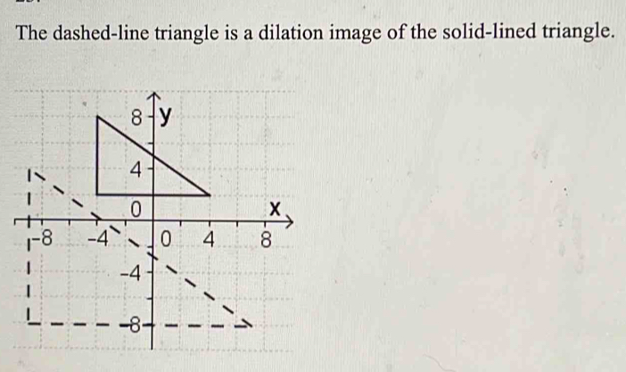 The dashed-line triangle is a dilation image of the solid-lined triangle.