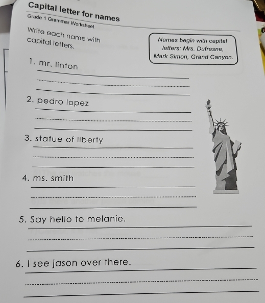 Solved: Capital letter for names Grade 1 Grammar Worksheet Write each ...