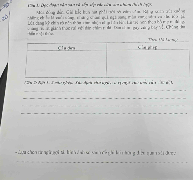 Đọc đoạn văn sau và sắp xếp các câu vào nhóm thích hợp: 
Mùa đông đến. Gió bắc hun hút phầi trời rét căm căm. Rặng xoan trút xuồng 
những chiếc lá cuối cùng, những chùm quả nga sang màu vàng sậm và khô tóp lại. 
Lúa đang kỳ chín rộ nên thôn xóm nhộn nhịp hăn lên. Lũ trẻ non theo bổ mẹ ra đồng, 
chúng ríu rít giành thóc rơi với đân chim rì đá. Đàn chim gáy cũng bay về. Chúng tha 
thần nhặt thóc. 
Câu 2: Đặt 1- 2 câu ghép. Xác định chủ ngữ, và vị ngữ của mỗi câu vừa đặt. 
_ 
_ 
_ 
_ 
- Lựa chọn từ ngữ gợi tá. hình ảnh so sánh đề ghi lại những điều quan sát dược 
_