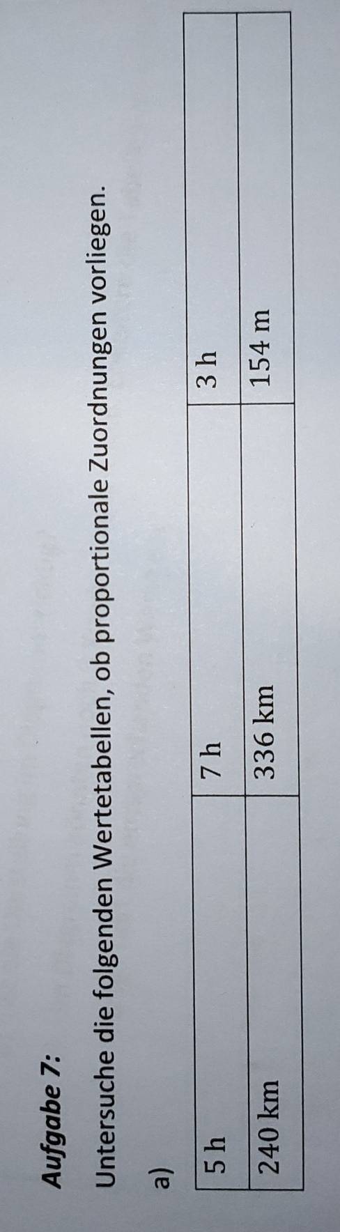 Aufgabe 7: 
Untersuche die folgenden Wertetabellen, ob proportionale Zuordnungen vorliegen. 
a)