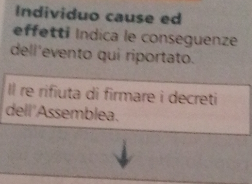 Individuo cause ed 
effettí Indica le conseguenze 
dell'evento qui riportato. 
Il re rifiuta di firmare i decreti 
dell'Assemblea.