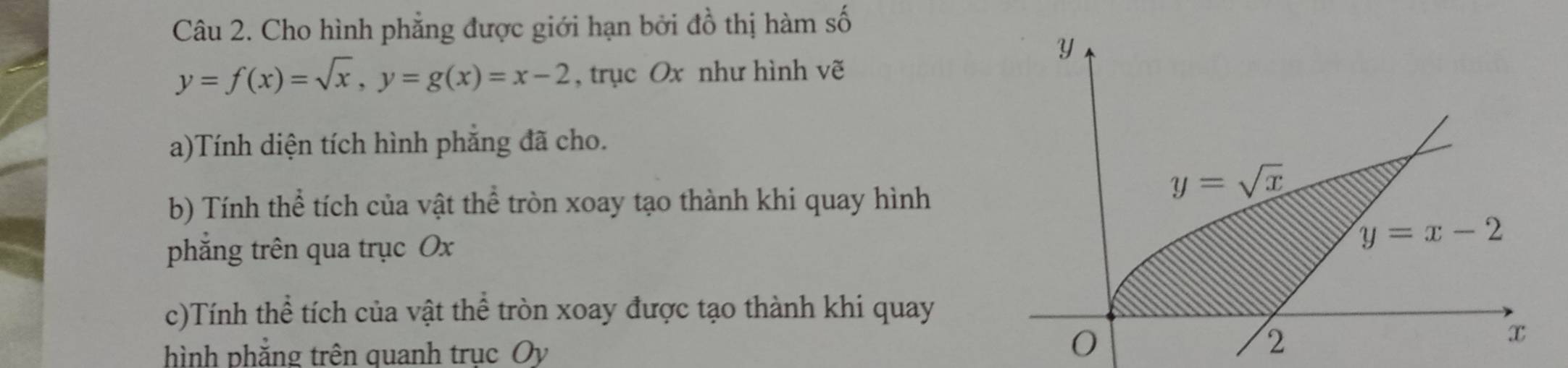 Cho hình phẳng được giới hạn bởi đồ thị hàm số
y=f(x)=sqrt(x),y=g(x)=x-2 , trục Ox như hình vẽ
a)Tính diện tích hình phẳng đã cho.
b) Tính thể tích của vật thể tròn xoay tạo thành khi quay hình
phẳng trên qua trục Ox
c)Tính thể tích của vật thể tròn xoay được tạo thành khi quay
hình phẳng trên quanh trục Oy