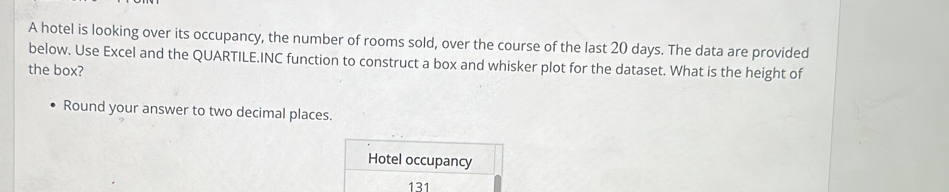 A hotel is looking over its occupancy, the number of rooms sold, over the course of the last 20 days. The data are provided 
below. Use Excel and the QUARTILE.INC function to construct a box and whisker plot for the dataset. What is the height of 
the box? 
Round your answer to two decimal places. 
Hotel occupancy
131