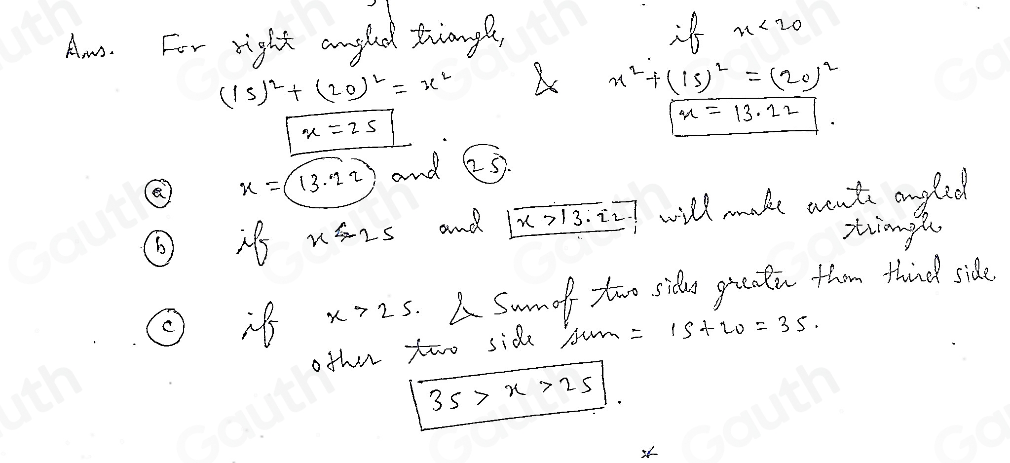 Solved: The side lengths of a triangle are 15, 20, and x. What values ...