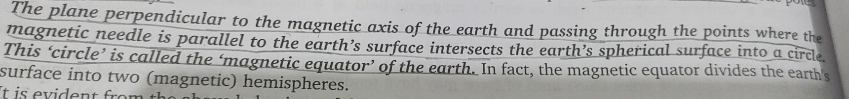 The plane perpendicular to the magnetic axis of the earth and passing through the points where the 
magnetic needle is parallel to the earth’s surface intersects the earth’s spherical surface into a circle. 
This ‘circle’ is called the ‘magnetic equator’ of the earth. In fact, the magnetic equator divides the earth’s 
surface into two (magnetic) hemispheres. 
it is evident fro n