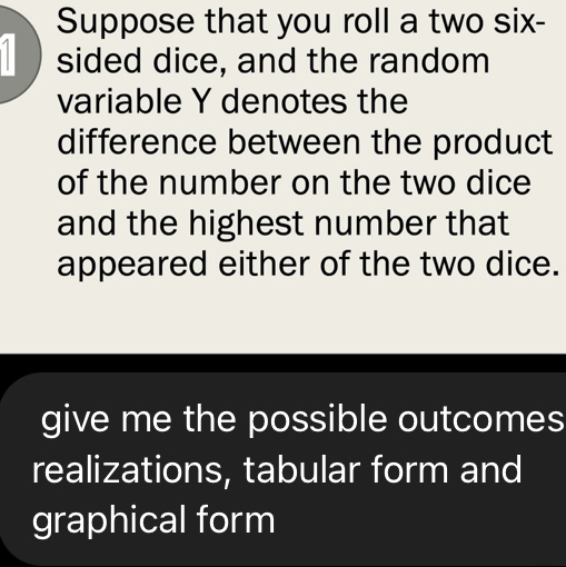 Suppose that you roll a two six- 
1 sided dice, and the random 
variable Y denotes the 
difference between the product 
of the number on the two dice 
and the highest number that 
appeared either of the two dice. 
give me the possible outcomes 
realizations, tabular form and 
graphical form