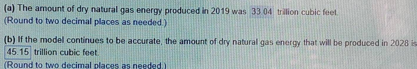 The amount of dry natural gas energy produced in 2019 was 33.04 trillion cubic feet. 
(Round to two decimal places as needed.) 
(b) If the model continues to be accurate, the amount of dry natural gas energy that will be produced in 2028 is
45.15 trillion cubic feet. 
(Round to two decimal places as needed.)