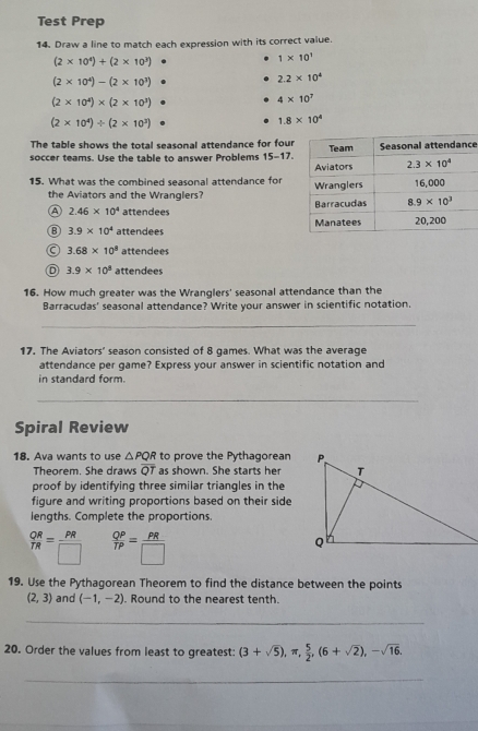 Test Prep
14. Draw a line to match each expression with its correct value.
(2* 10^4)+(2* 10^3)
1* 10^1
(2* 10^4)-(2* 10^3)
2.2* 10^4
(2* 10^4)* (2* 10^3)
4* 10^7
(2* 10^4)/ (2* 10^3)
1.8* 10^4
The table shows the total seasonal attendance for four
soccer teams. Use the table to answer Problems 15-17. e
15. What was the combined seasonal attendance for
the Aviators and the Wranglers?
A 2.46* 10^4 attendees
3.9* 10^4 attendees
a 3.68* 10^8 attendees
3.9* 10^8 attendees
16. How much greater was the Wranglers' seasonal attendance than the
Barracudas' seasonal attendance? Write your answer in scientific notation.
_
17. The Aviators' season consisted of 8 games. What was the average
attendance per game? Express your answer in scientific notation and
in standard form.
_
_
Spiral Review
18. Ava wants to use △ PQR to prove the Pythagorean
Theorem. She draws overline QT as shown. She starts her
proof by identifying three similar triangles in the
figure and writing proportions based on their side
lengths. Complete the proportions.
beginarrayr QR TRendarray = PR/□    QP/TP = PR/□  
19. Use the Pythagorean Theorem to find the distance between the points
(2,3) and (-1,-2). Round to the nearest tenth.
_
20. Order the values from least to greatest: (3+sqrt(5)),π , 5/2 ,(6+sqrt(2)),-sqrt(16),
_