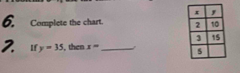 Complete the chart. 
2. If y=35 , then x= _