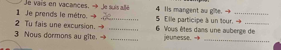 Je vais en vacances. Je suis allé 4 Ils mangent au gîte. 
1 Je prends le métro. _5 Elle participe à un tour._ 
2 Tu fais une excursion. _ 6 Vous êtes dans une auberge de 
3 Nous dormons au gîte. _jeunesse._