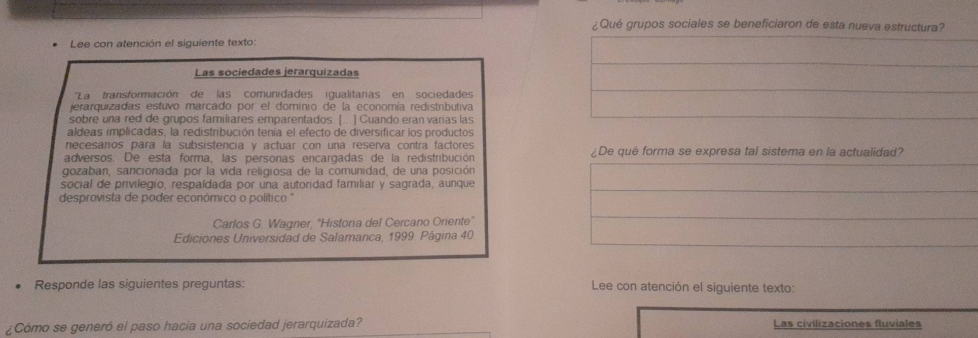 ¿Qué grupos sociales se beneficiaron de esta nueva estructura? 
Lee con atención el siguiente texto: 
Las sociedades jerarquizadas 
''La transformación'' de las comunidades igualitaras en sociedade 
jerarquizadas estuvo marcado por el dominio de la economía redistributiva 
sobre una red de grupos familiares emparentados. [.. ] Cuando eran varias las 
aldeas implicadas, la redistribución tenía el efecto de diversificar los productos 
necesaros para la subsistencia y actuar con una reserva contra factores 
adversos. De esta forma, las personas encargadas de la redistribución 
¿De qué forma se expresa tal sistema en la actualidad? 
gozaban, sancionada por la vida religiosa de la comunidad, de una posición 
social de privilegio, respaldada por una autoridad familiar y sagrada, aunque 
desprovista de poder económico o político " 
Carlos G. Wagner, “Historia del Cercano Oriente” 
Ediciones Universidad de Salamanca, 1999. Página 40. 
Responde las siguientes preguntas: Lee con atención el siguiente texto: 
¿Cómo se generó el paso hacia una sociedad jerarquizada? 
Las civilizaciones fluviales