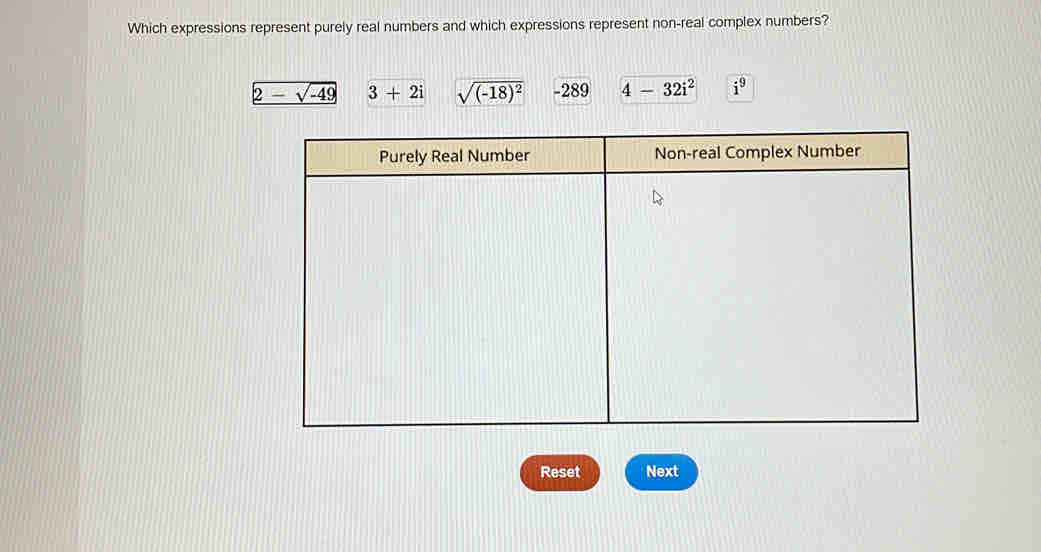 Which expressions represent purely real numbers and which expressions represent non-real complex numbers?
2-sqrt(-49) 3+2i sqrt((-18)^2) -289 4-32i^2 i^9