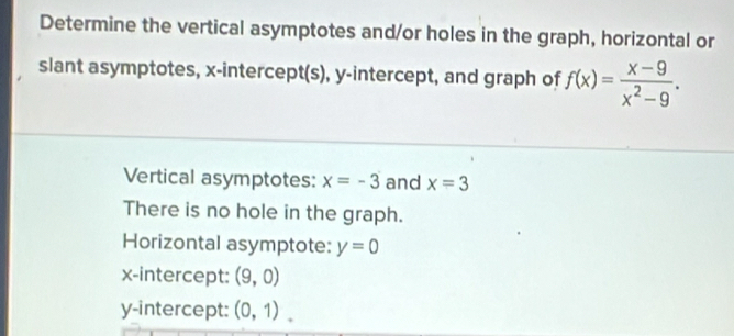 Determine the vertical asymptotes and/or holes in the graph, horizontal or 
slant asymptotes, x-intercept(s), y-intercept, and graph of f(x)= (x-9)/x^2-9 . 
Vertical asymptotes: x=-3 and x=3
There is no hole in the graph. 
Horizontal asymptote: y=0
x-intercept: (9,0)
y-intercept: (0,1).